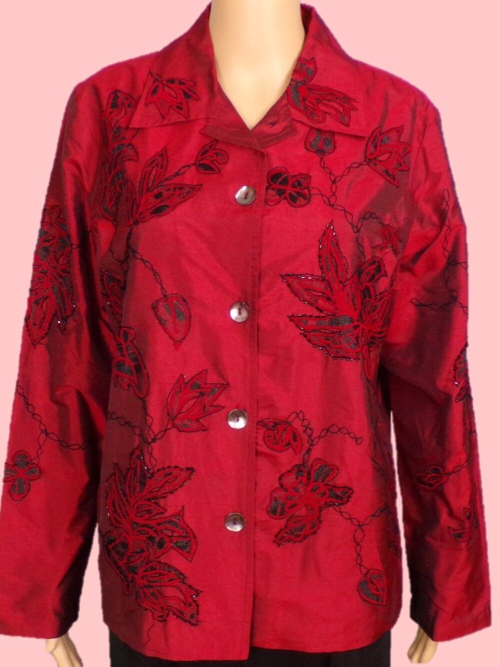 COLDWATER CREEK size M burgundy/black silk-blend floral shirt jacket 70% silk